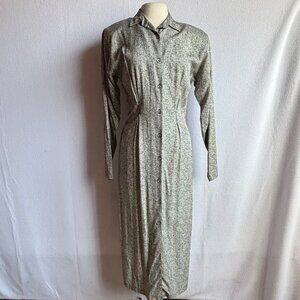 1980s Does 1940s Black Print Button Down Career Dress